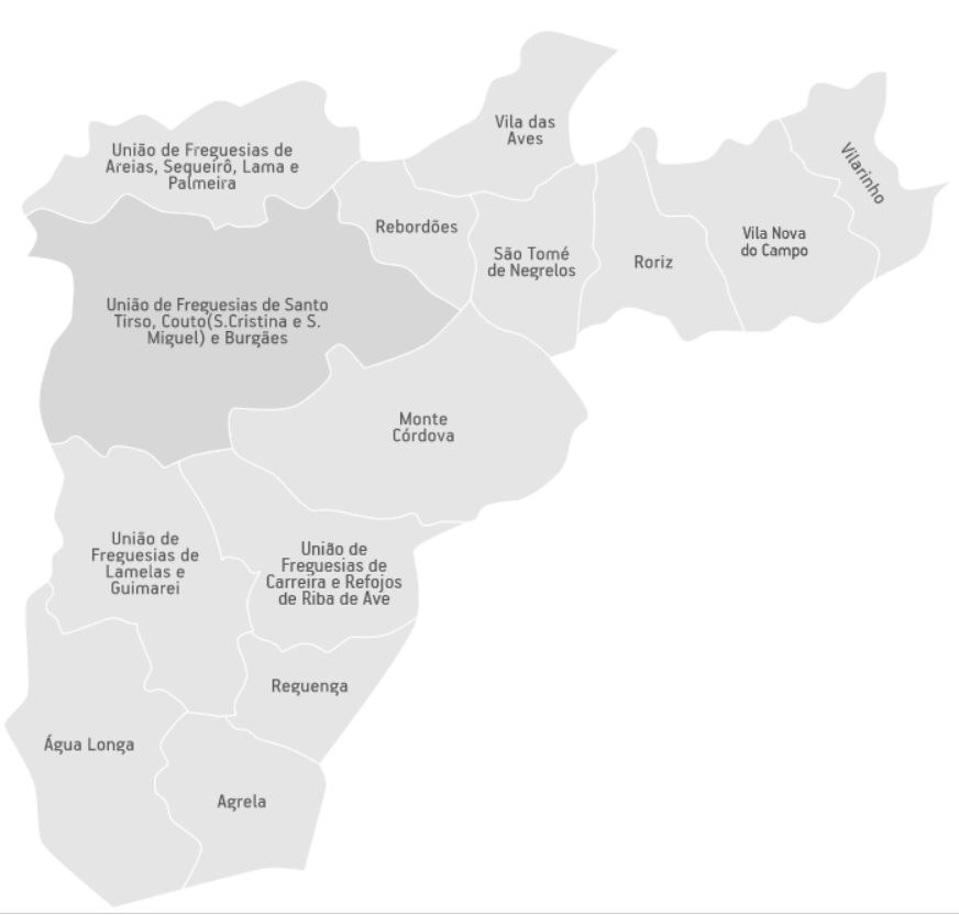 Mapa do Concelho de Santo Tirso com indica&ccedil;&atilde;o das Freguesias (mais informa&ccedil;&atilde;o abaixo)